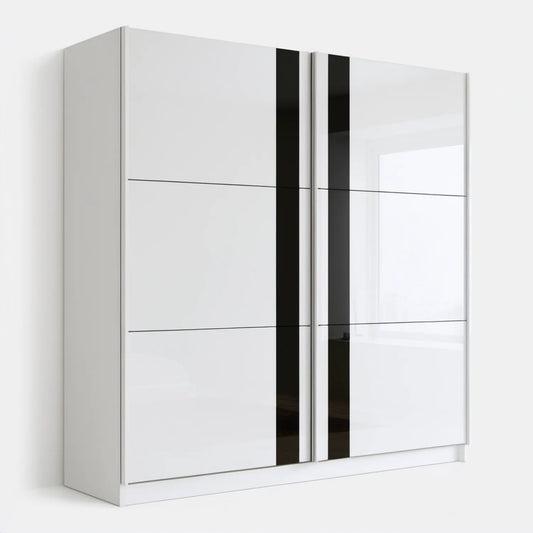Biała szafa przesuwna z czarnymi pasami, 180 x 60 x 215 cm, wysoki połysk