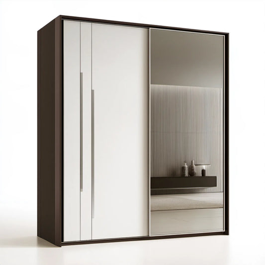 Szafa do sypialni z lustrem 180 × 60 × 220 cm, brązowo-biała ze srebrnymi uchwytami, MDF