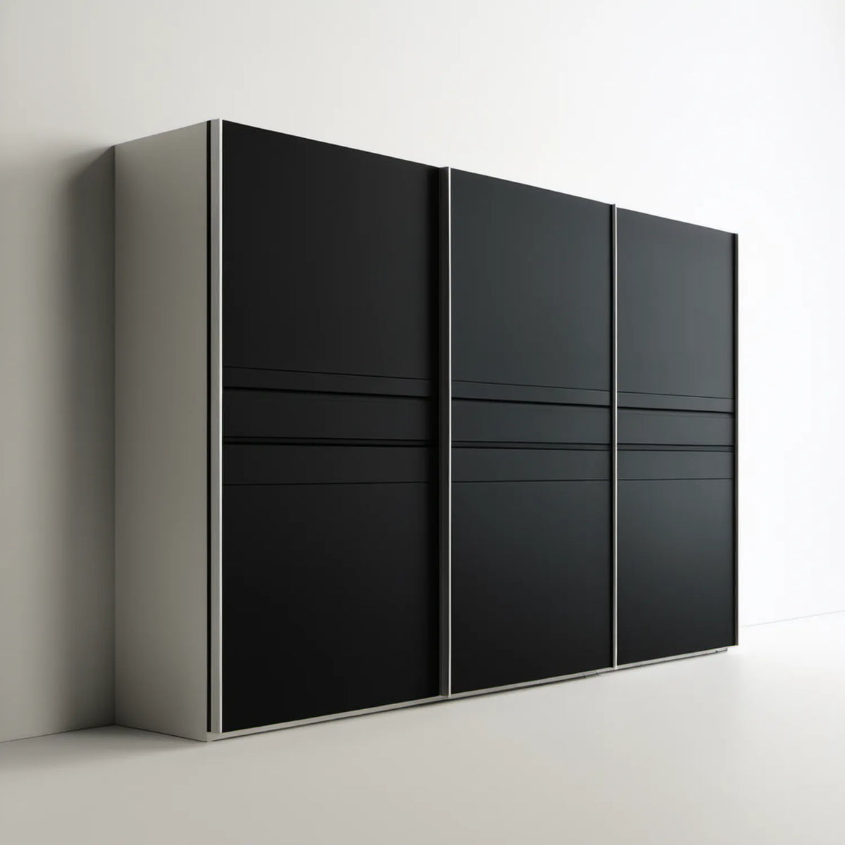 Czarna matowa szafa przesuwna z 3 drzwiami, 300 x 220 x 60 cm, srebrne profile